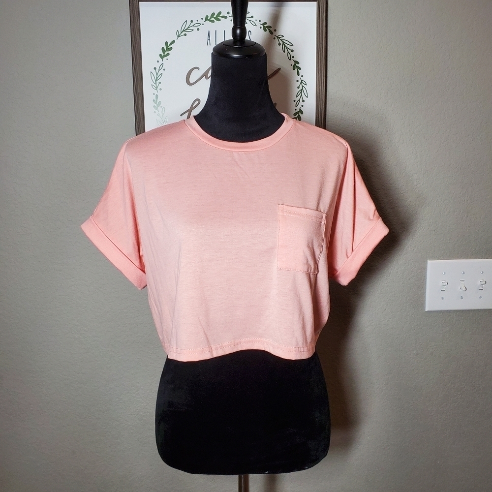 SHEIN Batwing Sleeve Pocket Patched Crop Tee Coral Pink Size Medium NWOT - Picture 16 of 16
